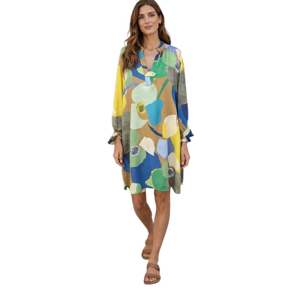 Noen Abstract Floral Tunic Dress 16 Watercolors Modern Art Flowy Pop Over